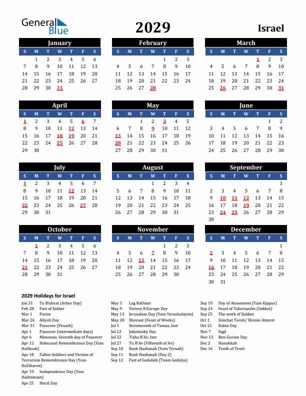 2029 Israel Holiday Calendar