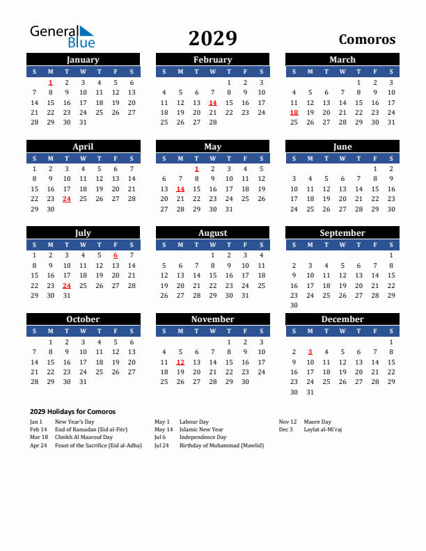 2029 Comoros Holiday Calendar
