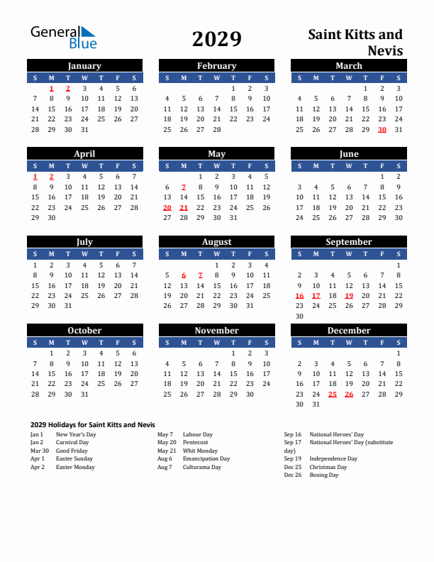 2029 Saint Kitts and Nevis Holiday Calendar