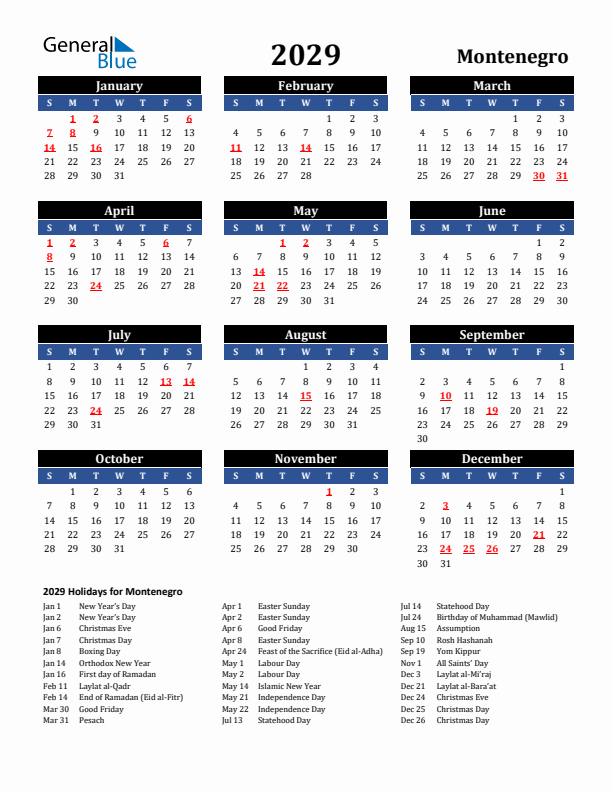 2029 Montenegro Holiday Calendar