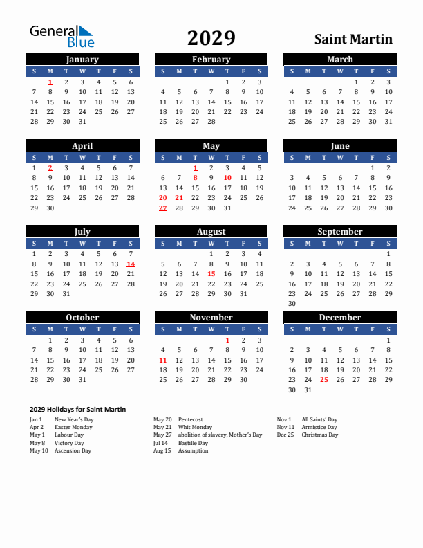 2029 Saint Martin Holiday Calendar