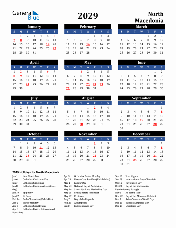 2029 North Macedonia Holiday Calendar