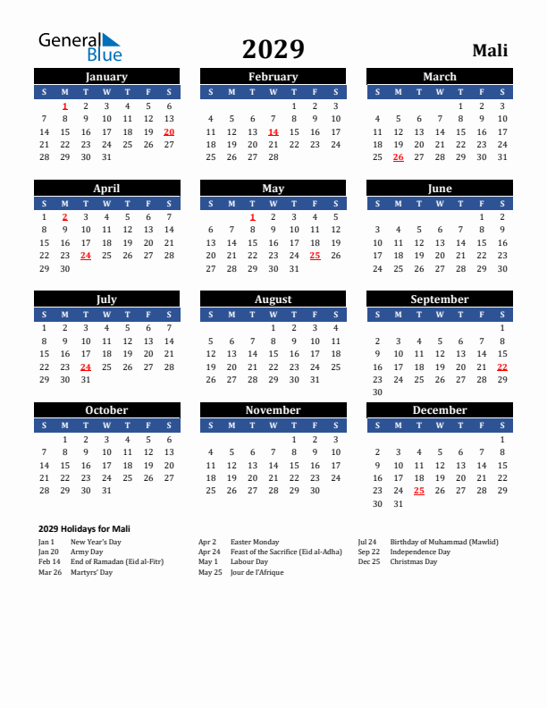 2029 Mali Holiday Calendar