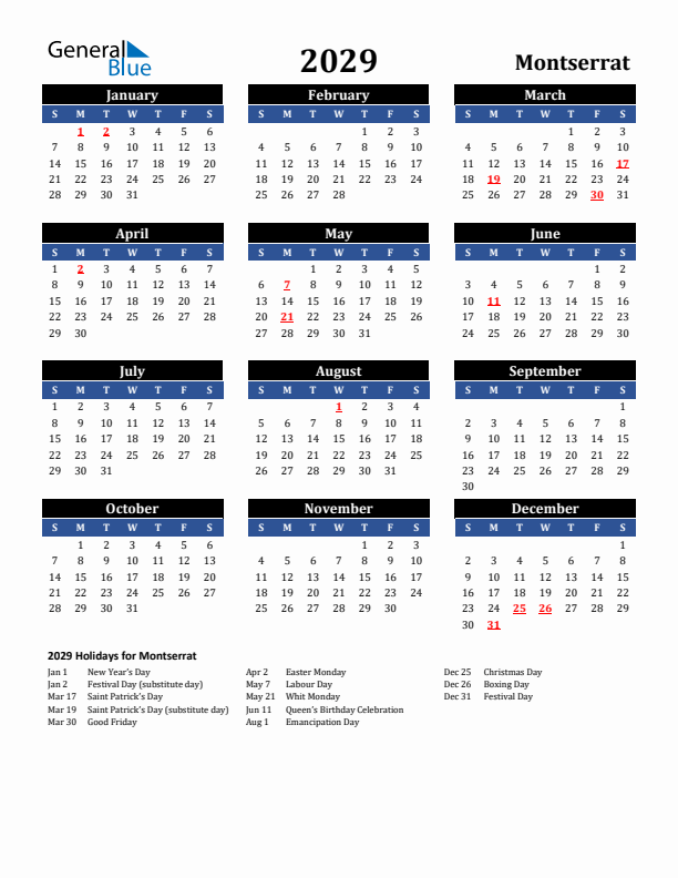 2029 Montserrat Holiday Calendar