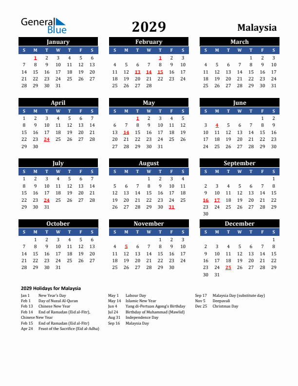 2029 Malaysia Holiday Calendar