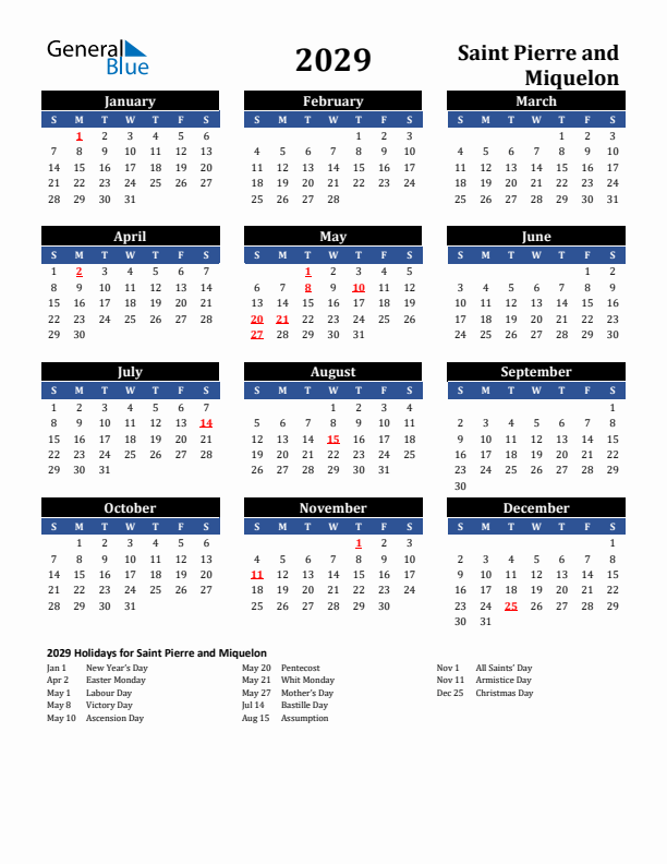 2029 Saint Pierre and Miquelon Holiday Calendar