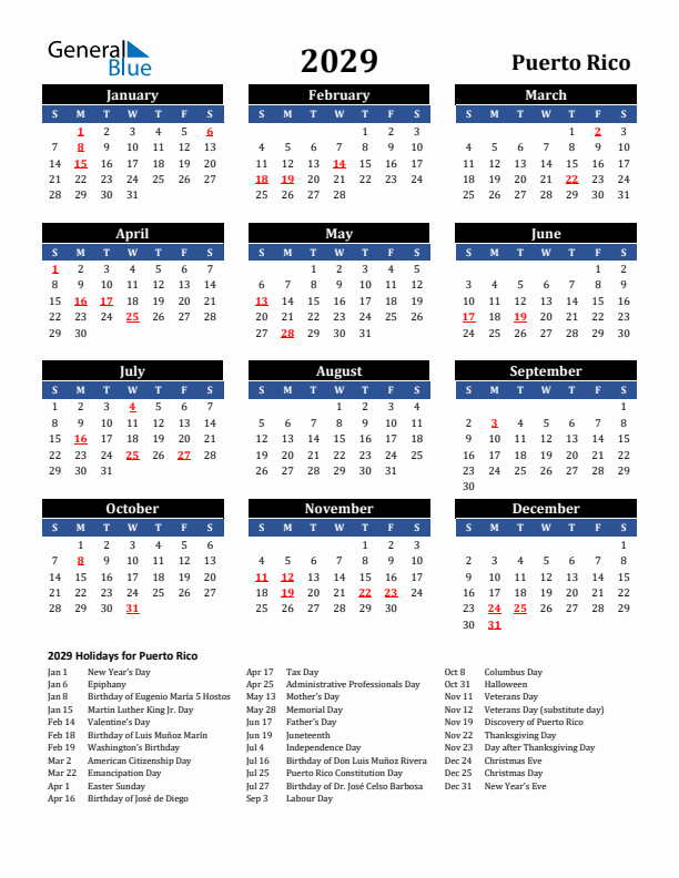 2029 Puerto Rico Holiday Calendar