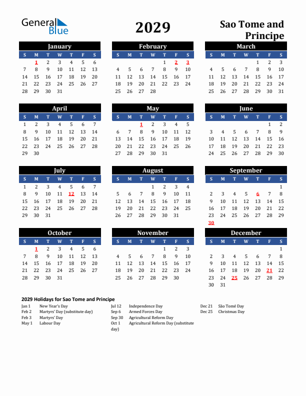 2029 Sao Tome and Principe Holiday Calendar