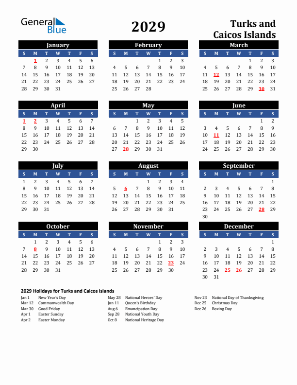 2029 Turks and Caicos Islands Holiday Calendar