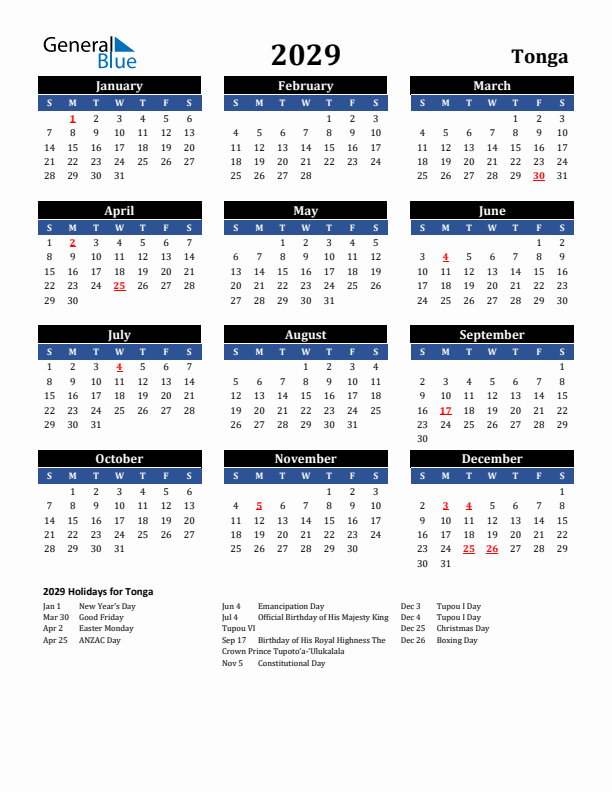 2029 Tonga Holiday Calendar