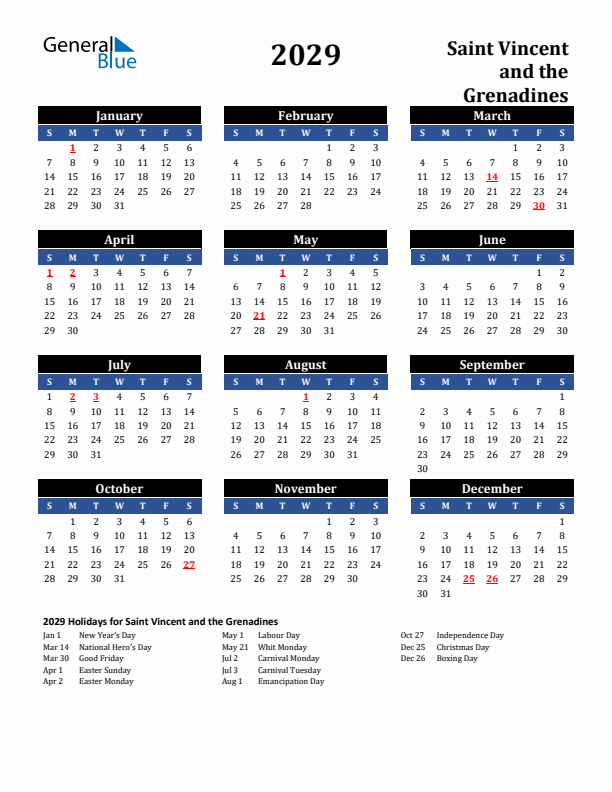 2029 Saint Vincent and the Grenadines Holiday Calendar