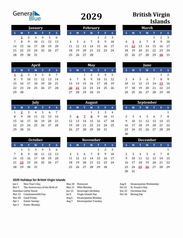 2029 British Virgin Islands Holiday Calendar