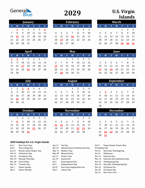 2029 U.S. Virgin Islands Holiday Calendar