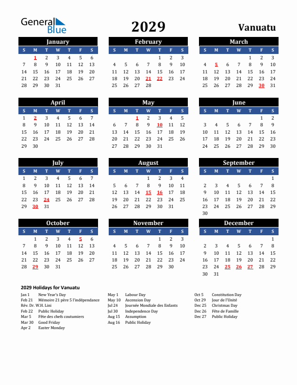 2029 Vanuatu Holiday Calendar
