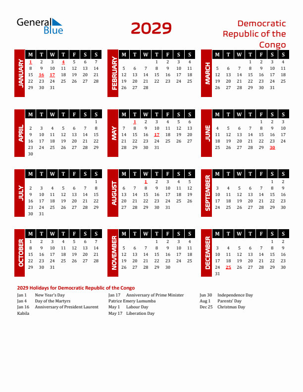 Download Democratic Republic of the Congo 2029 Calendar - Monday Start