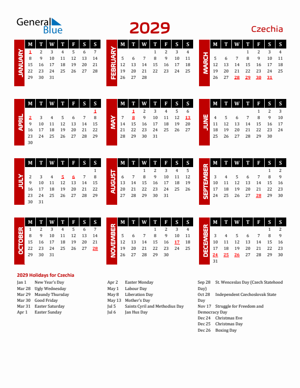 Download Czechia 2029 Calendar - Monday Start