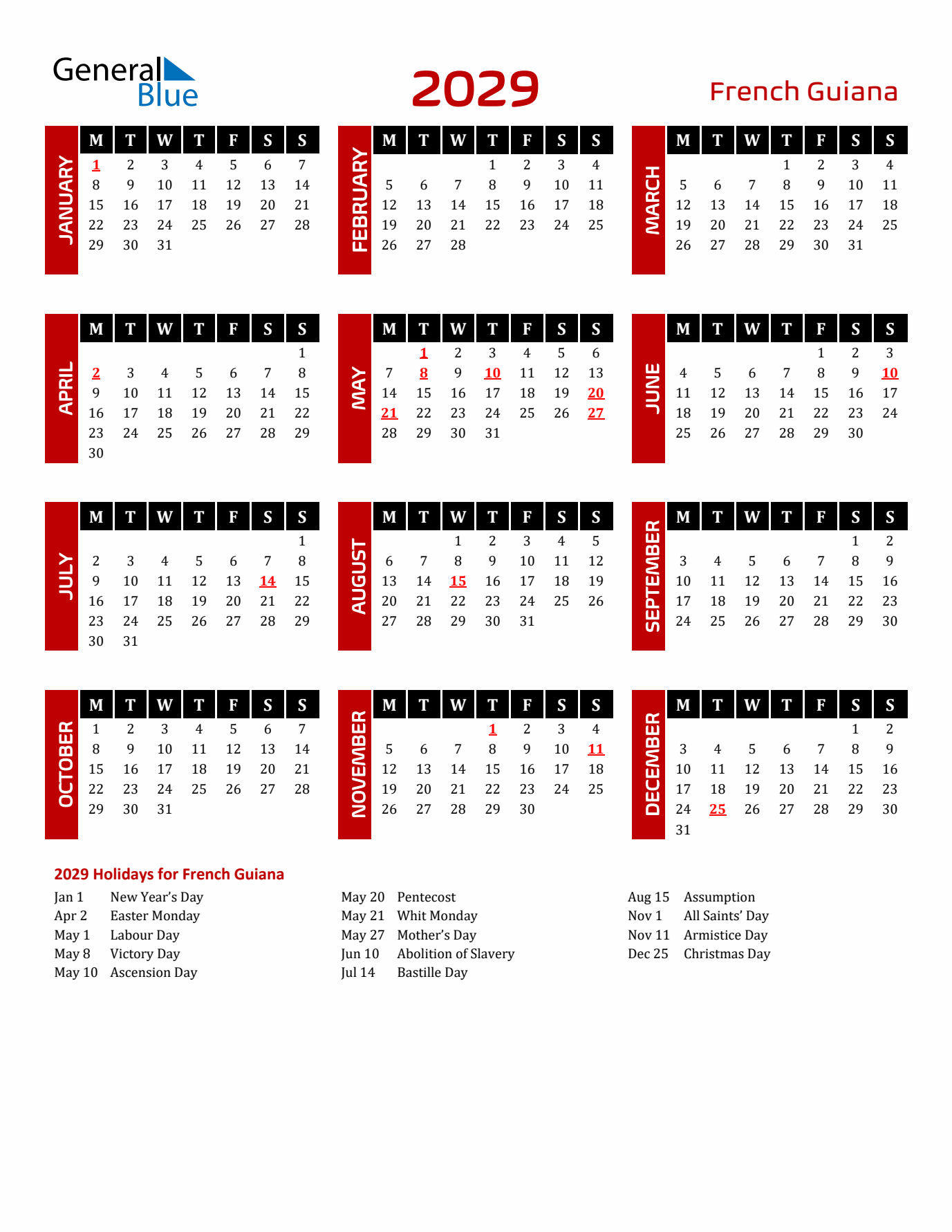 Download French Guiana 2029 Calendar - Monday Start