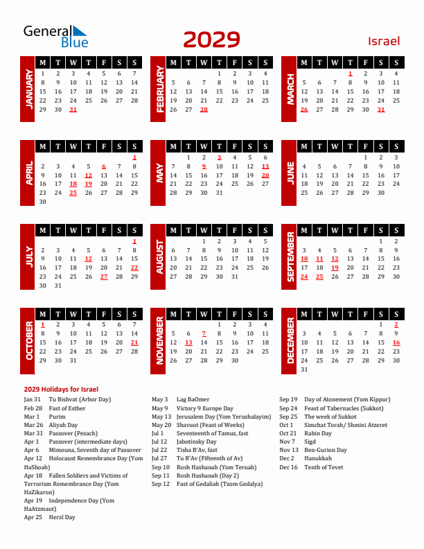 Download Israel 2029 Calendar - Monday Start