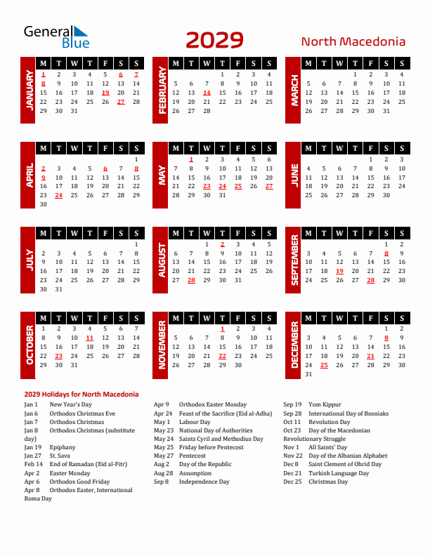 Download North Macedonia 2029 Calendar - Monday Start