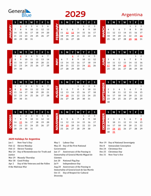 Download Argentina 2029 Calendar - Sunday Start