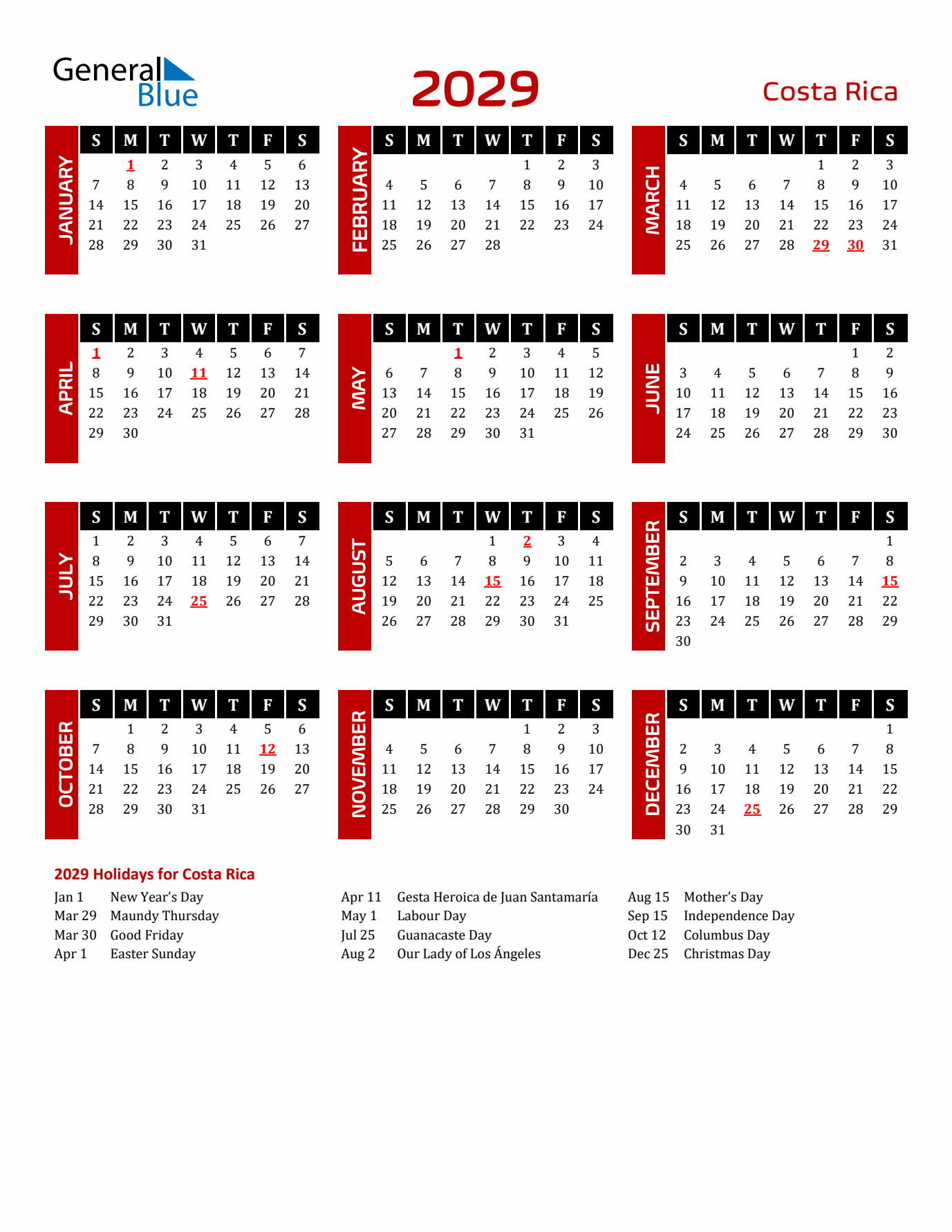 Download Costa Rica 2029 Calendar - Sunday Start