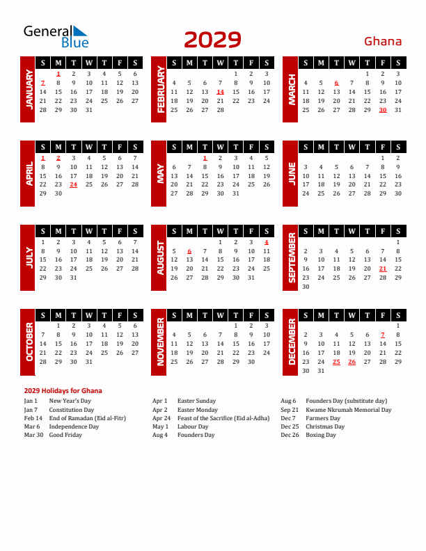 Download Ghana 2029 Calendar - Sunday Start