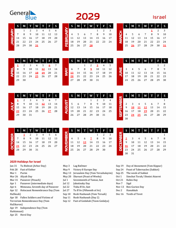 Download Israel 2029 Calendar - Sunday Start