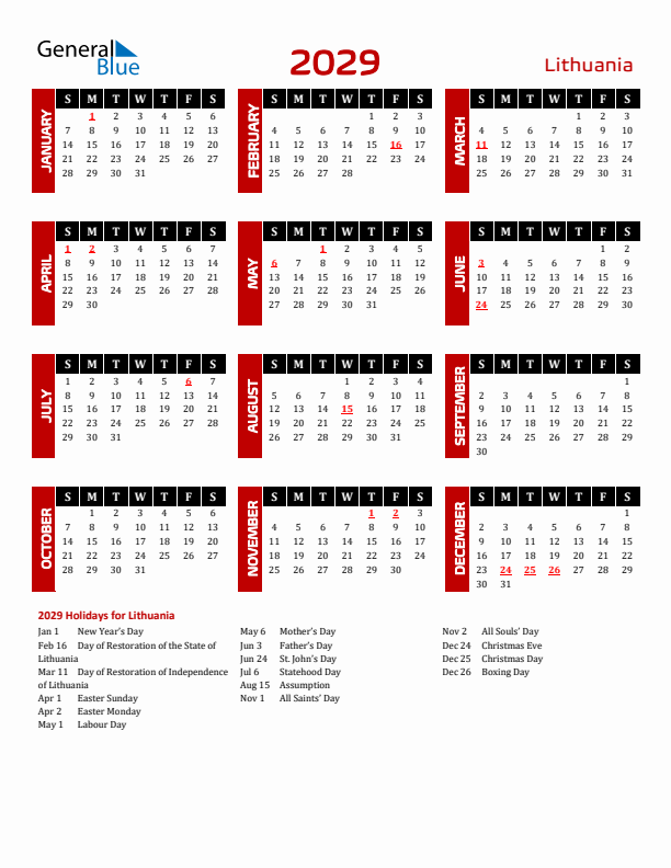 Download Lithuania 2029 Calendar - Sunday Start