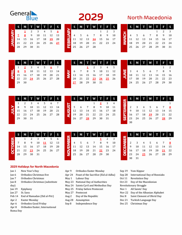Download North Macedonia 2029 Calendar - Sunday Start