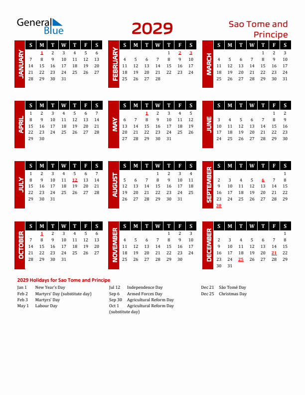 Download Sao Tome and Principe 2029 Calendar - Sunday Start