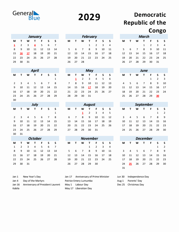 2029 Calendar for Democratic Republic of the Congo with Holidays