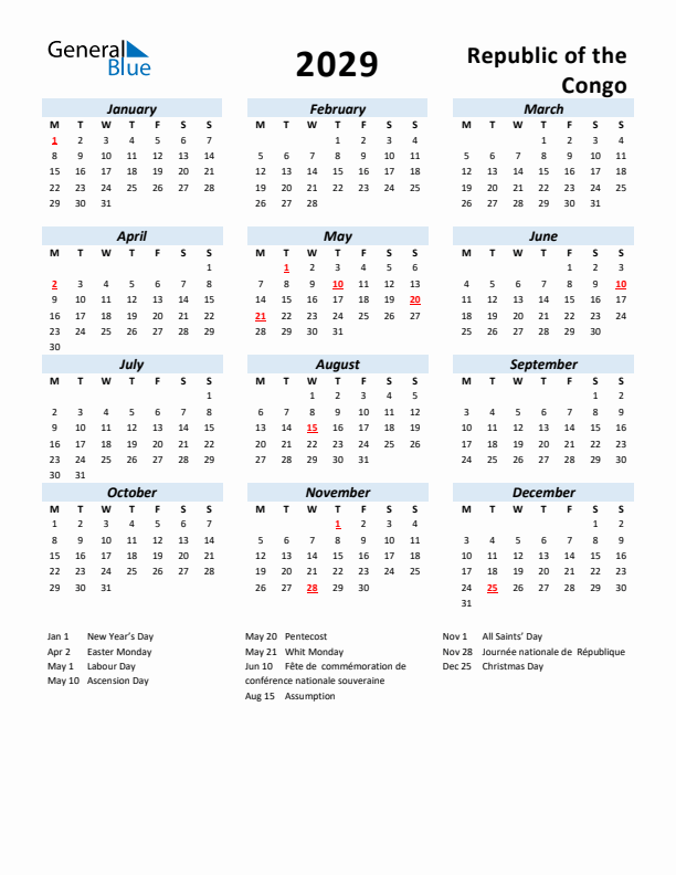 2029 Calendar for Republic of the Congo with Holidays