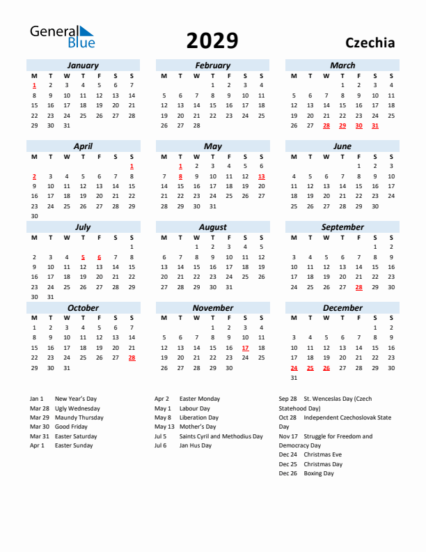 2029 Calendar for Czechia with Holidays