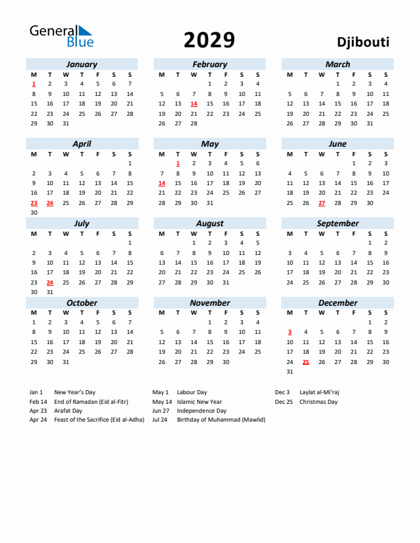 2029 Calendar for Djibouti with Holidays