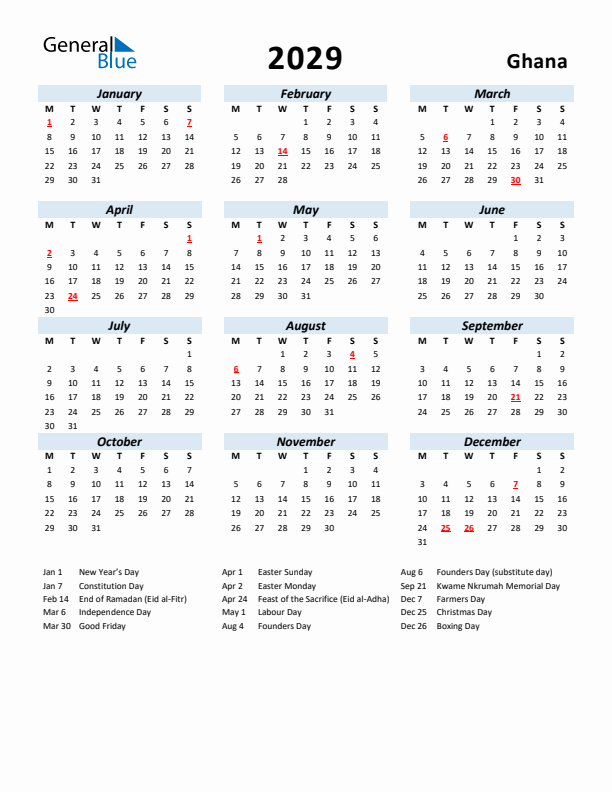 2029 Calendar for Ghana with Holidays