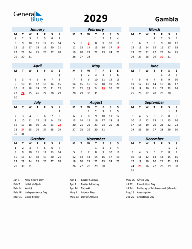 2029 Calendar for Gambia with Holidays