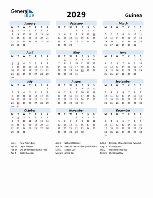 2029 Calendar for Guinea with Holidays