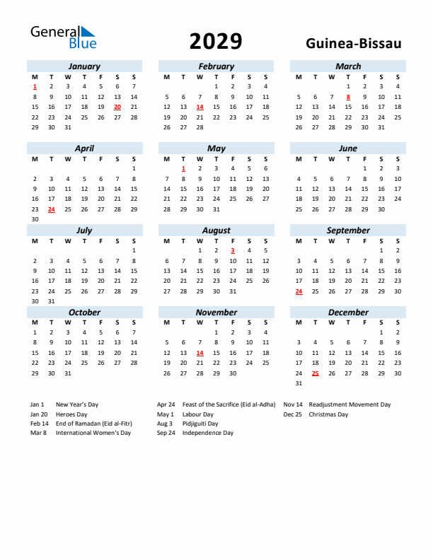 2029 Calendar for Guinea-Bissau with Holidays
