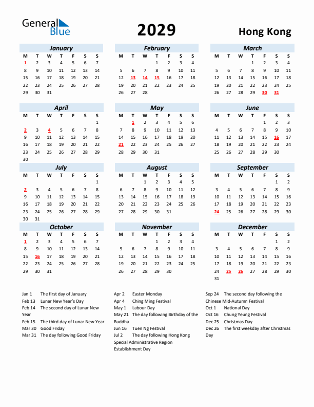 2029 Calendar for Hong Kong with Holidays