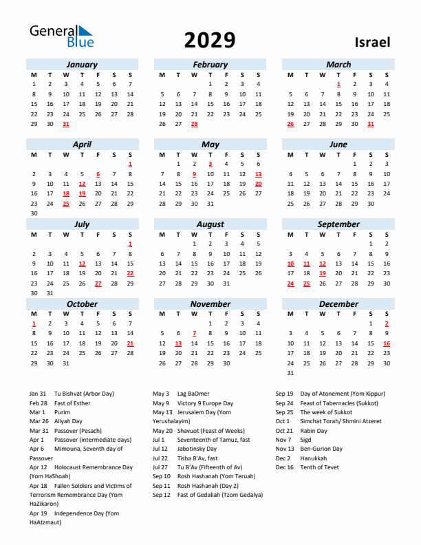 2029 Calendar for Israel with Holidays