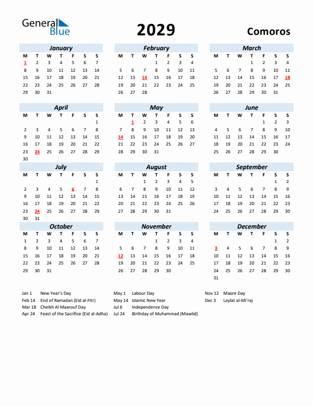 2029 Calendar for Comoros with Holidays