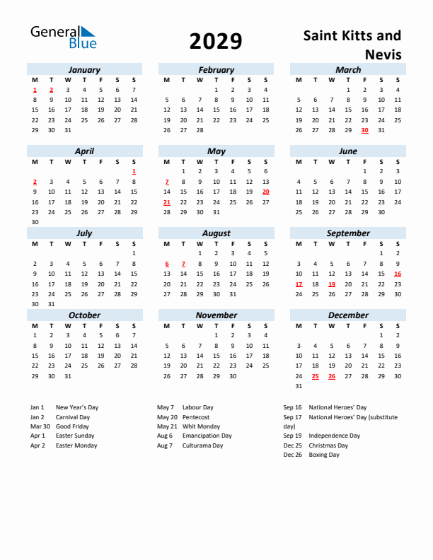 2029 Calendar for Saint Kitts and Nevis with Holidays