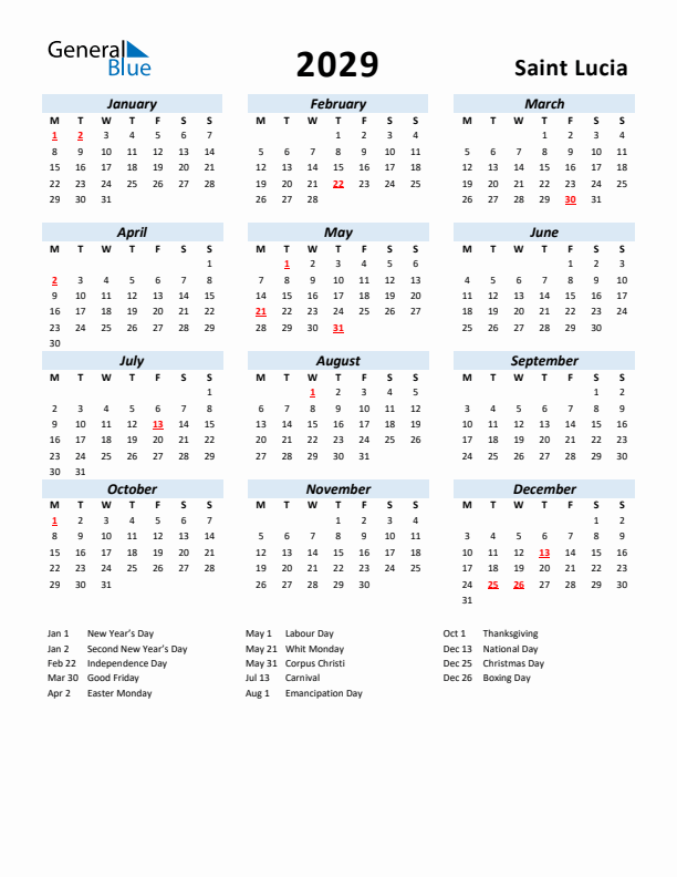 2029 Calendar for Saint Lucia with Holidays