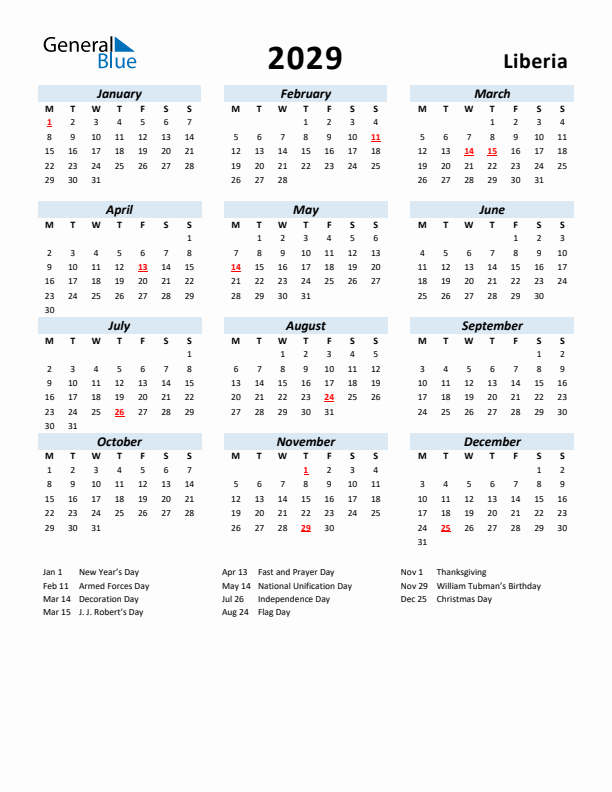 2029 Calendar for Liberia with Holidays