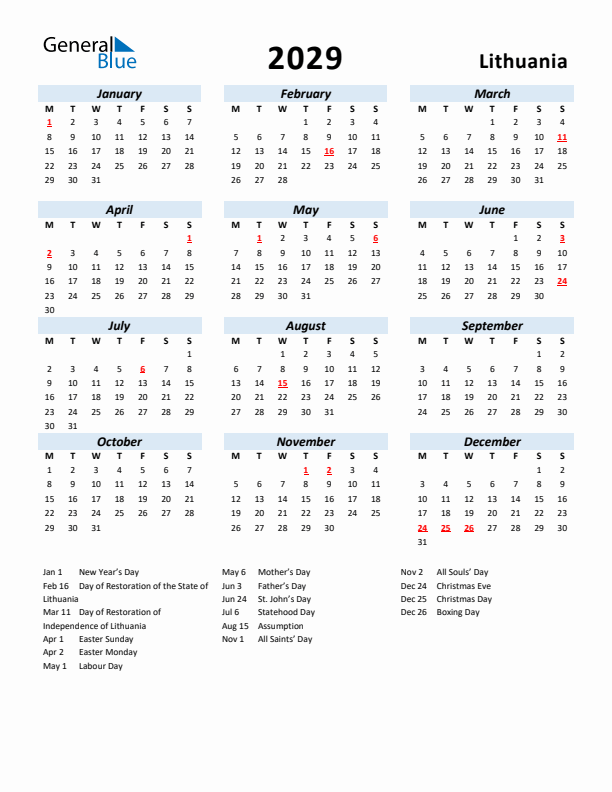 2029 Calendar for Lithuania with Holidays