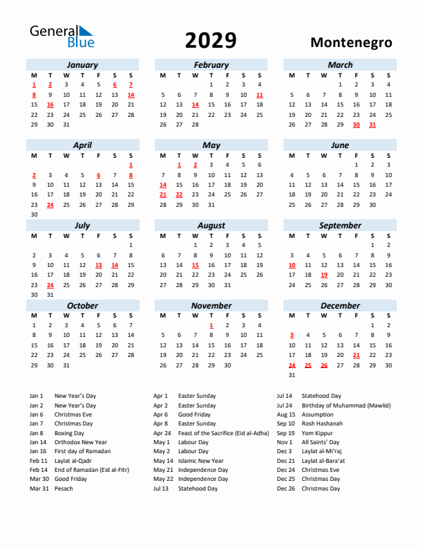 2029 Calendar for Montenegro with Holidays