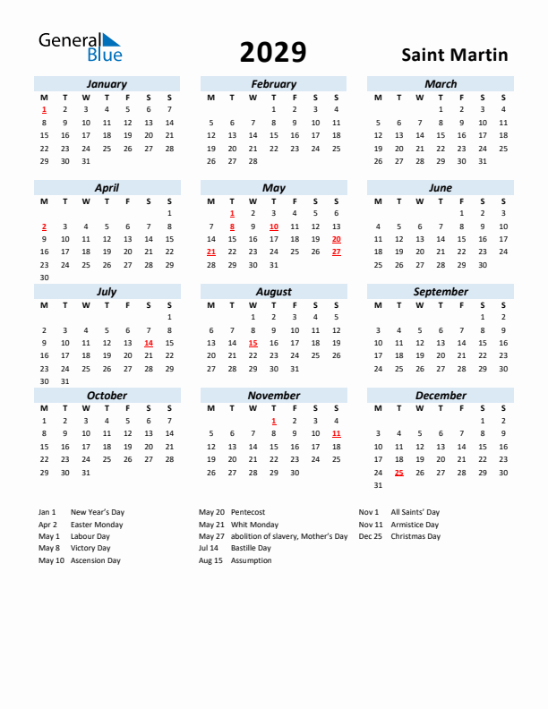 2029 Calendar for Saint Martin with Holidays