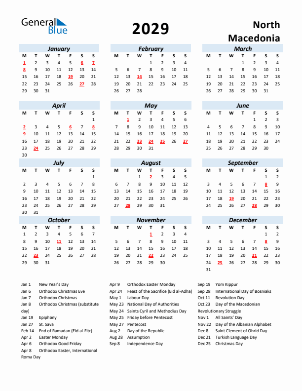 2029 Calendar for North Macedonia with Holidays
