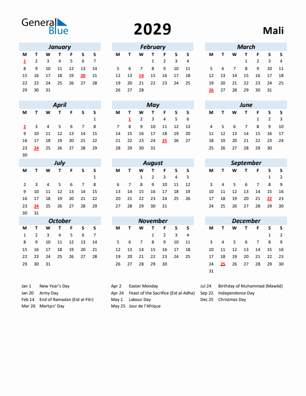 2029 Calendar for Mali with Holidays