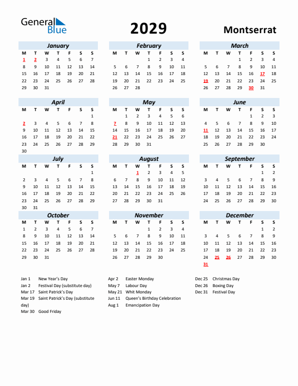 2029 Calendar for Montserrat with Holidays